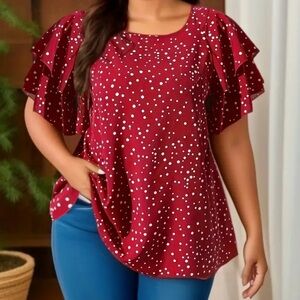 Woman’s Plus Dot Print Ruffle Trim Blouse Top 1X NWT